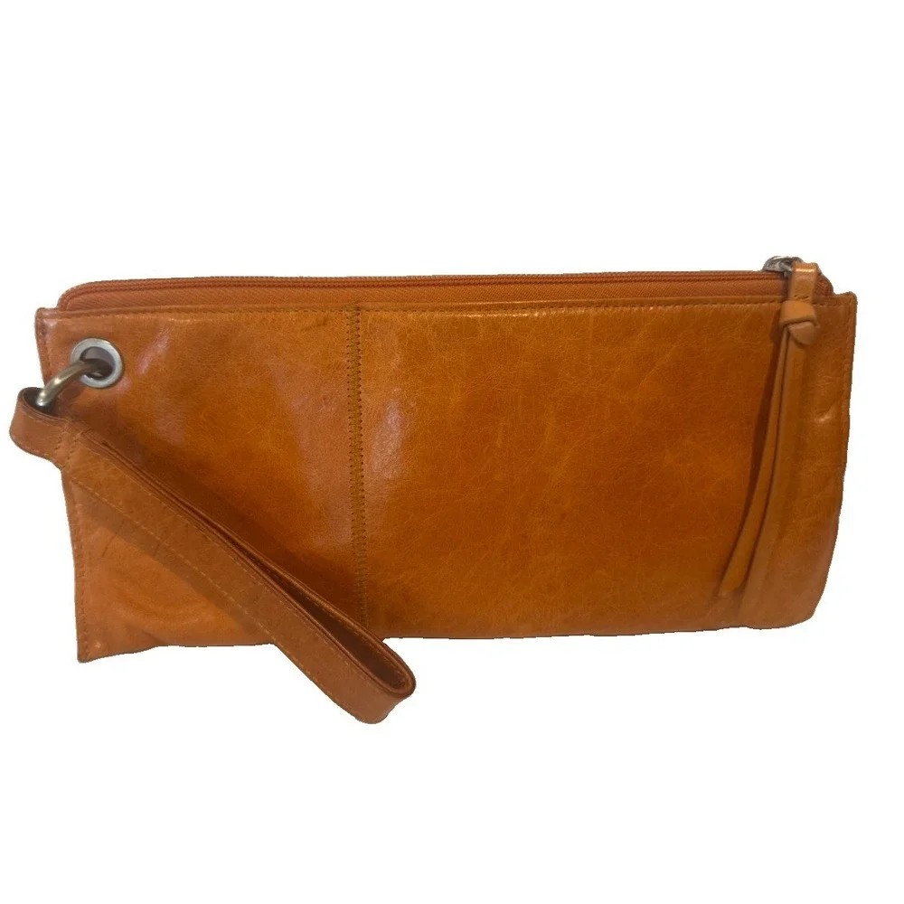 HOBO The Original Orange Leather Wristlet Clutch Bag Geometric Lining Grommet